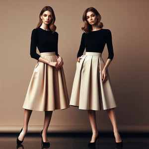 Two female models wearing black tops and contrasting light neutral colored a-line skirts, and black high heel pumps shoes.