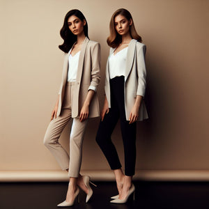 Two brunette long haired female models wearing neutral colored blazer jackets, white top and neutral colored trousers and shoes.