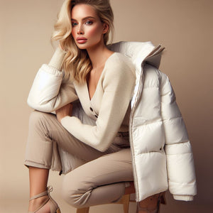 Blonde long haired woman wearing neutral colored clothes featuring a white color winter puffer jacket