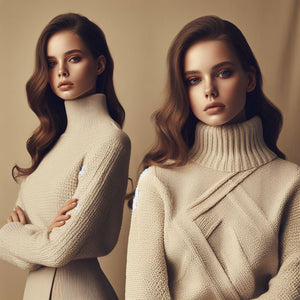 Two brunette long haired female models wearing thick knitted turtle neck sweaters in neutral colors.
