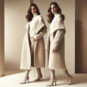 Two brunette long haired women wearing neutral colored clothes and shoes, featuring light neutral colored winter wide lapel overcoats.