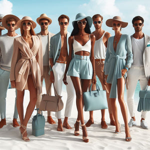 Men and women standing on white sands at a beach wearing summer clothes and accessories in neutral and turquoise colors.