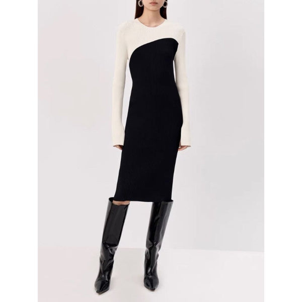 Autumn Winter Women's Knit Long Dress High Quality Fashion Black and White - Frimunt Clothing Co.