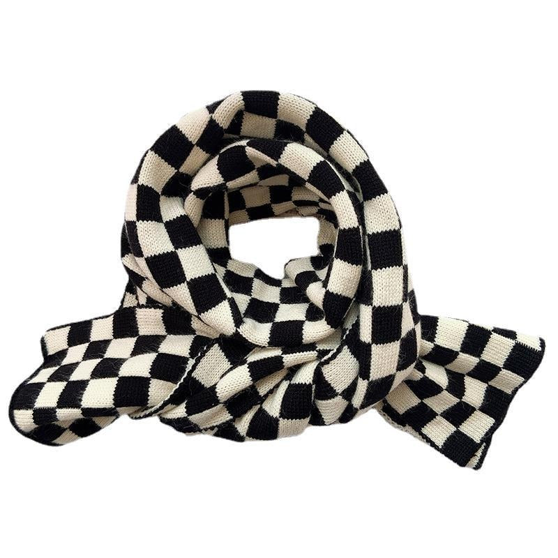 Black Off-White Checkerboard Plaid Knitted Scarf Autumn Winter - Frimunt Clothing Co.