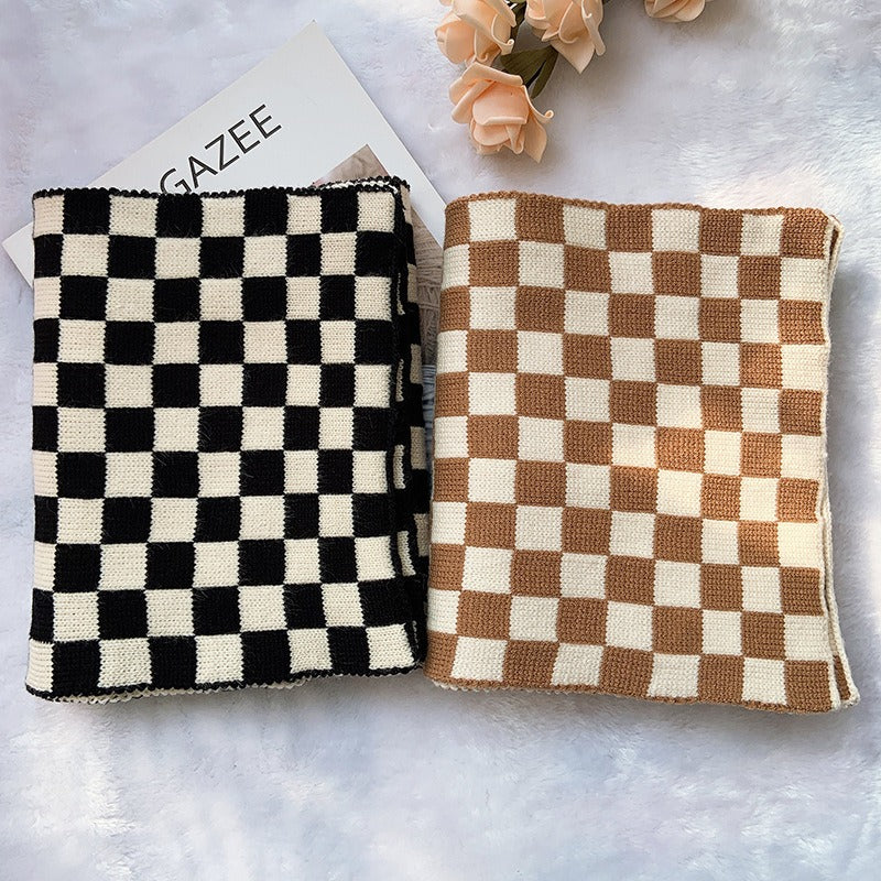 Black Off-White Checkerboard Plaid Knitted Scarf Autumn Winter - Frimunt Clothing Co.