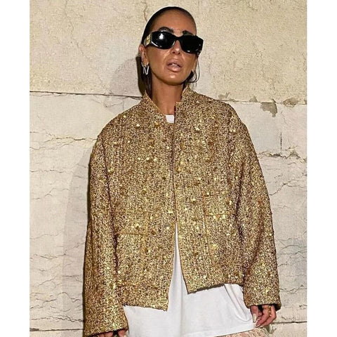 Women Shiny Sequin Tweed Gold Color Stand Collar Jacket - Frimunt Clothing Co.