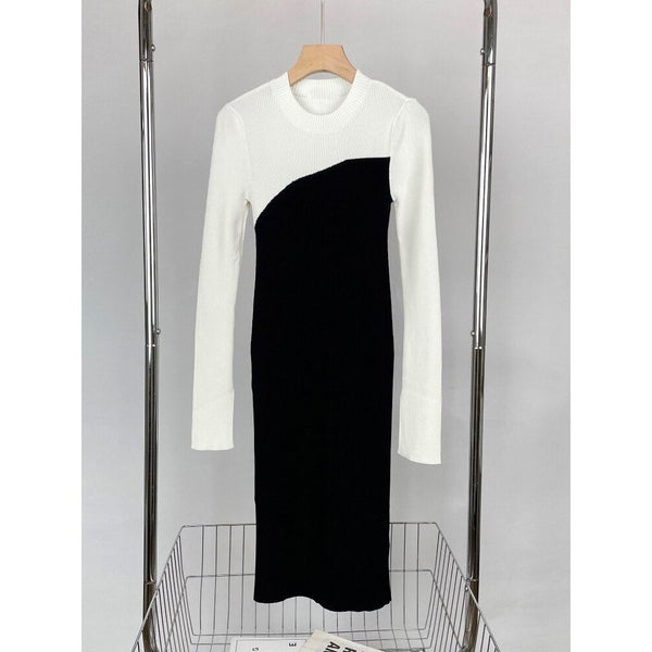 Autumn Winter Women's Knit Long Dress High Quality Fashion Black and White - Frimunt Clothing Co.