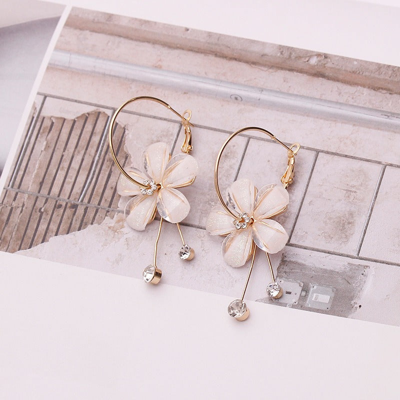 Camelia Flower With Crystals Gold Tassel Earrings - Frimunt Clothing Co.