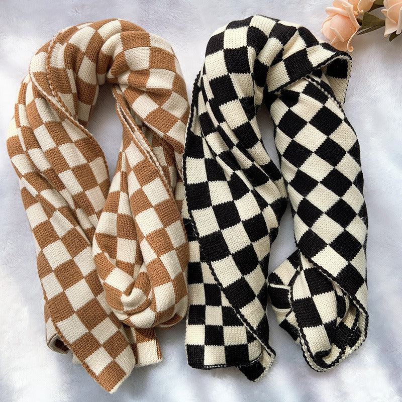 Black Off-White Checkerboard Plaid Knitted Scarf Autumn Winter - Frimunt Clothing Co.