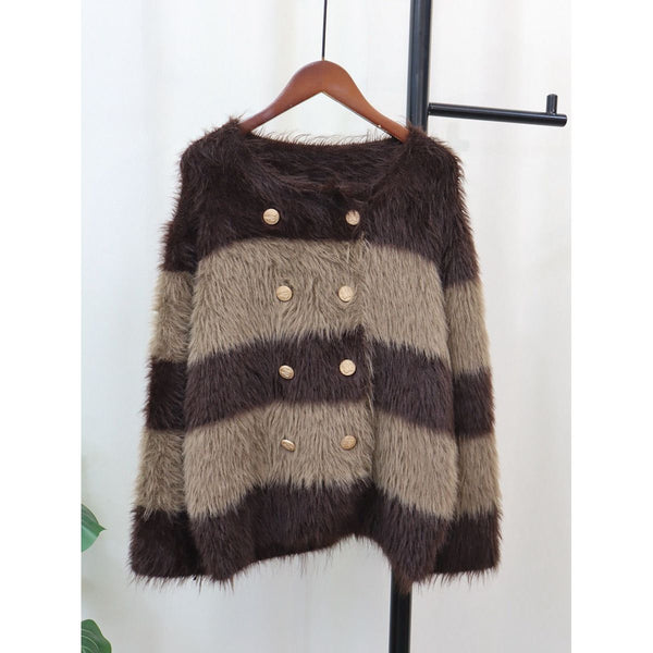 Knitted Women's Striped Warm Faux Fur Loose Cardigan Sweater - Frimunt Clothing Co.