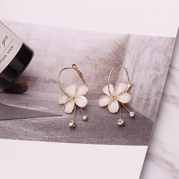 Camelia Flower With Crystals Gold Tassel Earrings - Frimunt Clothing Co.