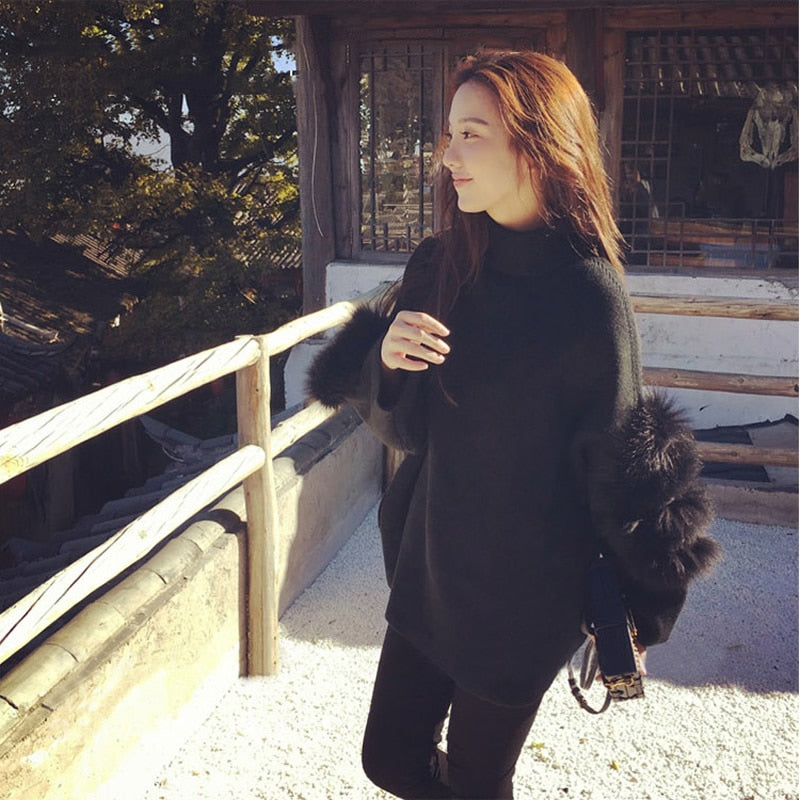 Women's Oversized Fur Turtleneck Winter Knit Sweater - Frimunt Clothing Co.