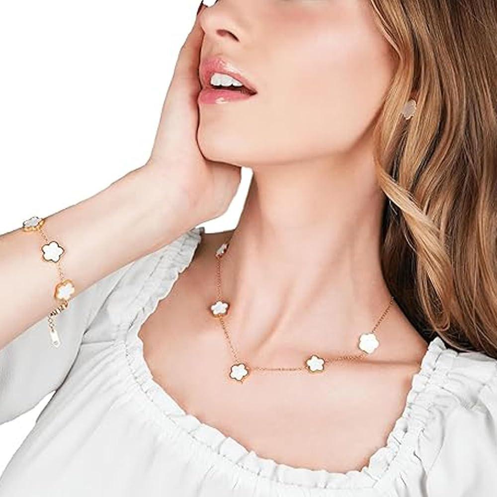 Gold Plated Clover Design Stainless Steel Necklace, Earrings And Bracelet - Frimunt Clothing Co.