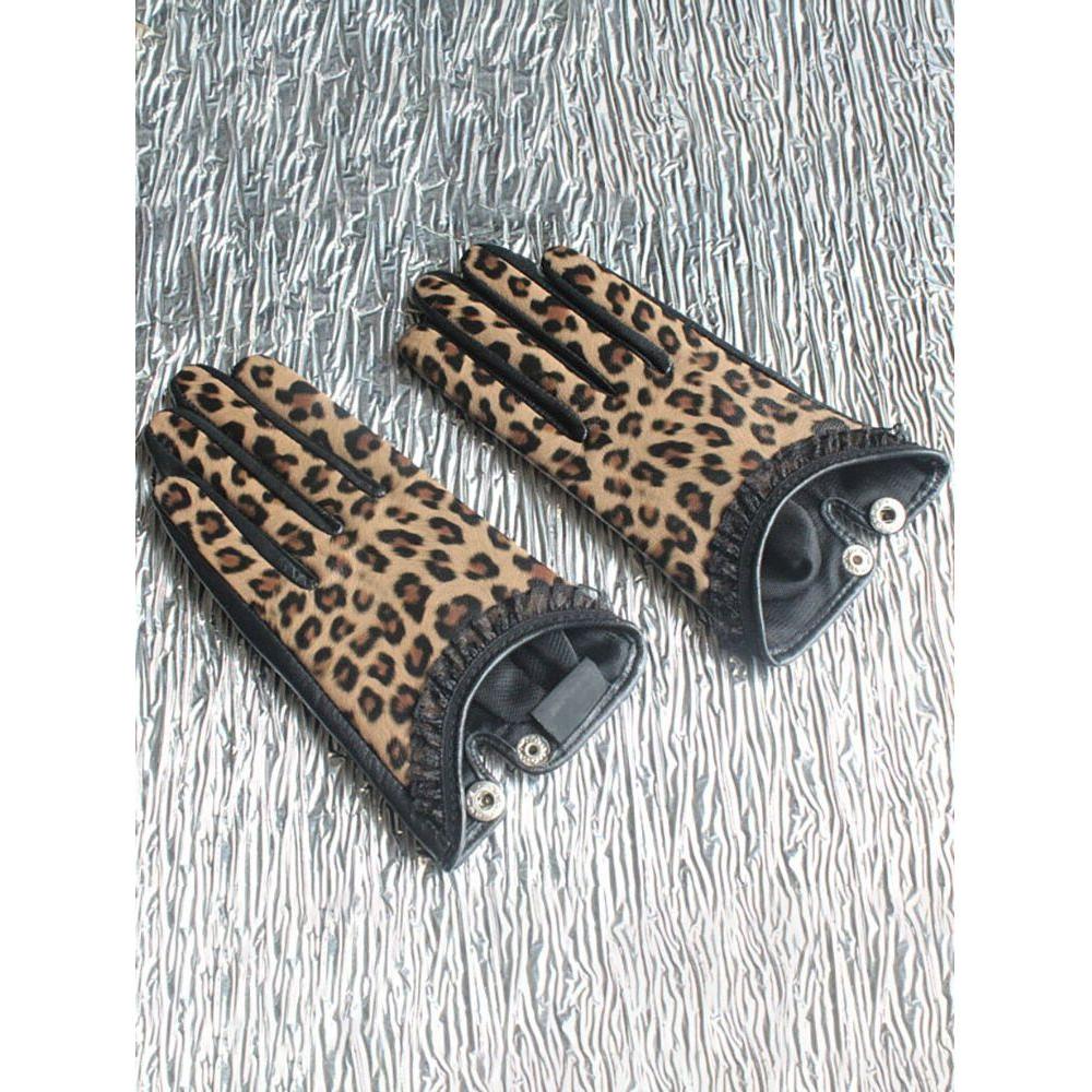 Women's Short Leather Gloves Lace Edge Leopard Sheepskin - Frimunt Clothing Co.