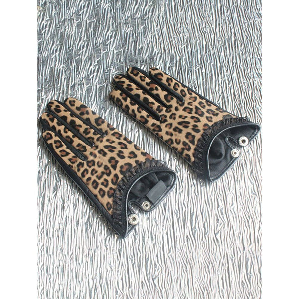 Women's Short Leather Gloves Lace Edge Leopard Sheepskin - Frimunt Clothing Co.