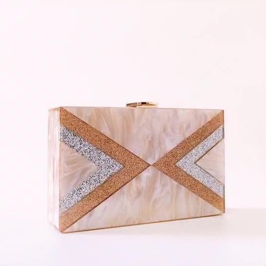 Women's Half Fold Stripe Acrylic Evening Bag Glitter Splice With Metal Chain - Frimunt Clothing Co.