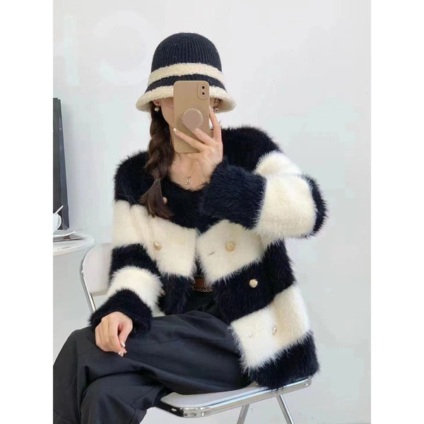 Knitted Women's Striped Warm Faux Fur Loose Cardigan Sweater - Frimunt Clothing Co.