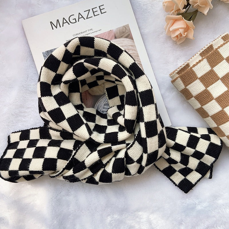 Black Off-White Checkerboard Plaid Knitted Scarf Autumn Winter - Frimunt Clothing Co.