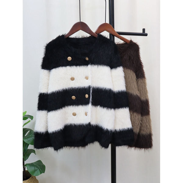 Knitted Women's Striped Warm Faux Fur Loose Cardigan Sweater - Frimunt Clothing Co.