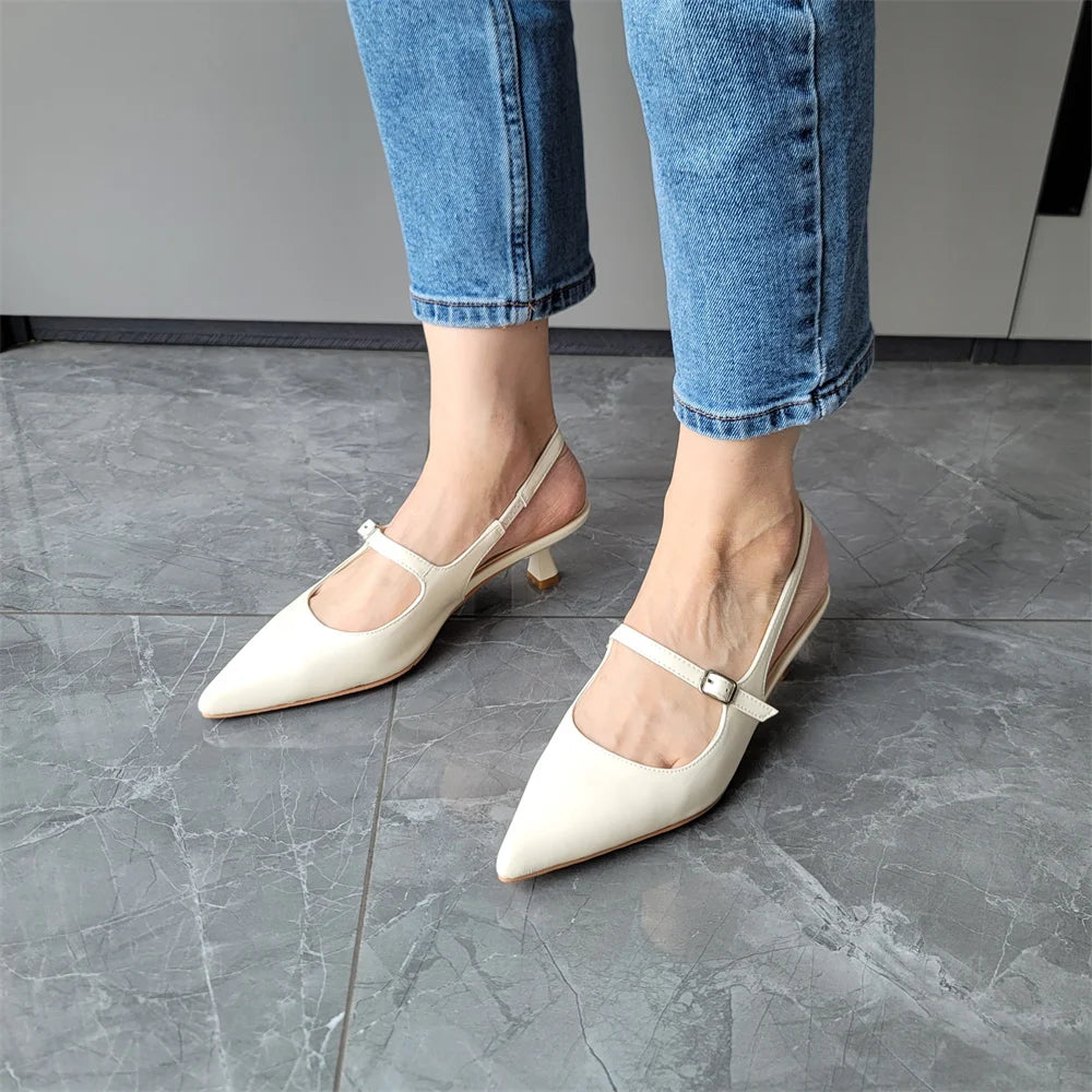 Women's Genuine Leather Slingbacks Kitten Heel Pointed Mary Jane - Frimunt Clothing Co.