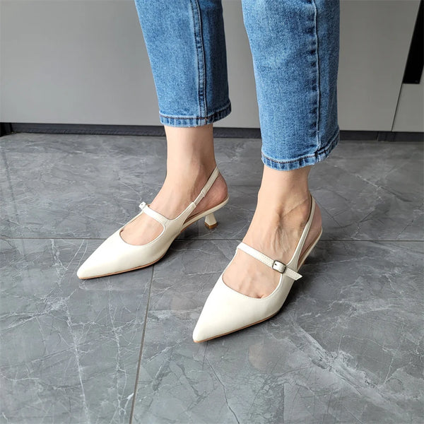 Women's Genuine Leather Slingbacks Kitten Heel Pointed Mary Jane