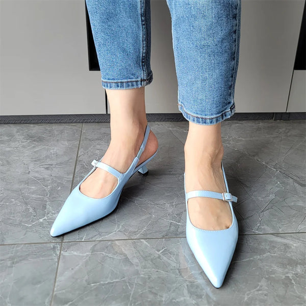 Women's Genuine Leather Slingbacks Kitten Heel Pointed Mary Jane