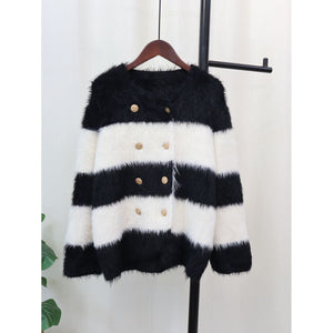 Knitted Women's Striped Warm Faux Fur Loose Cardigan Sweater - Frimunt Clothing Co.