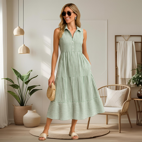 Coastal Stripes Sleeveless Summer Midi Dress - Frimunt Clothing Co.