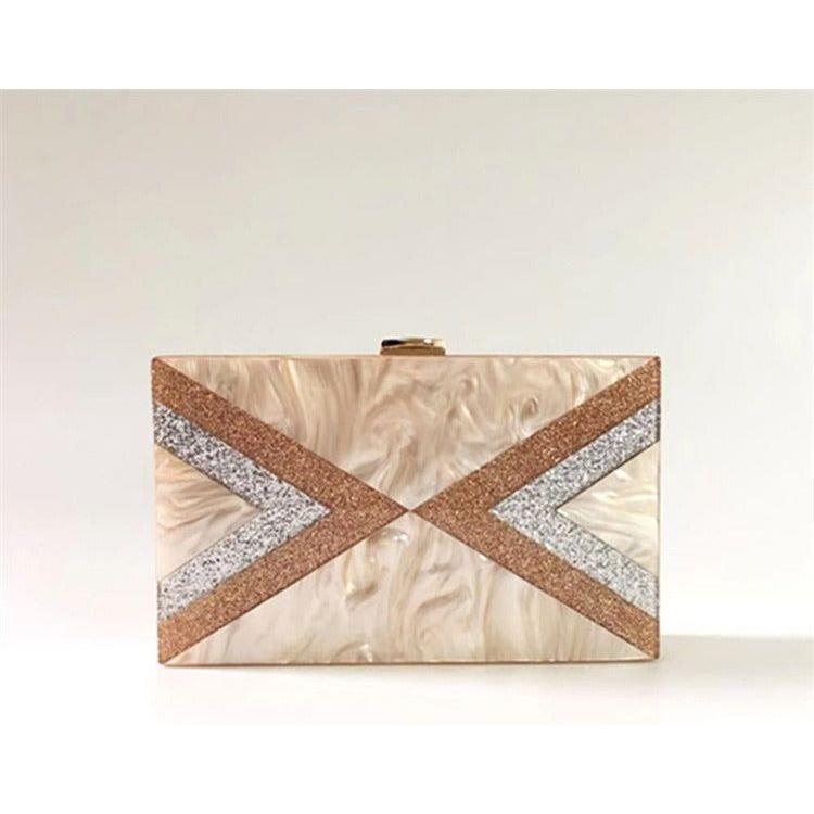 Women's Half Fold Stripe Acrylic Evening Bag Glitter Splice With Metal Chain - Frimunt Clothing Co.