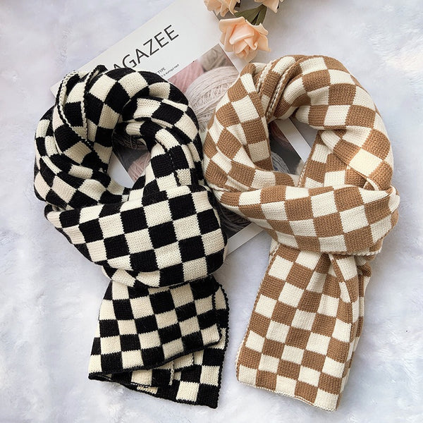 Black Off-White Checkerboard Plaid Knitted Scarf Autumn Winter - Frimunt Clothing Co.