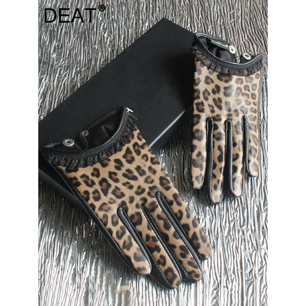 Women's Short Leather Gloves Lace Edge Leopard Sheepskin - Frimunt Clothing Co.