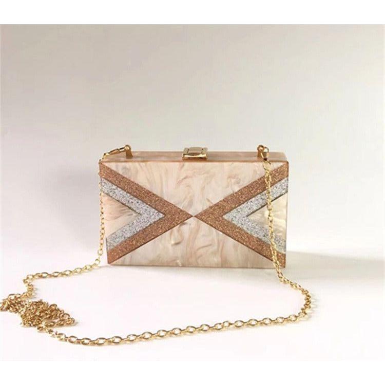 Women's Half Fold Stripe Acrylic Evening Bag Glitter Splice With Metal Chain - Frimunt Clothing Co.