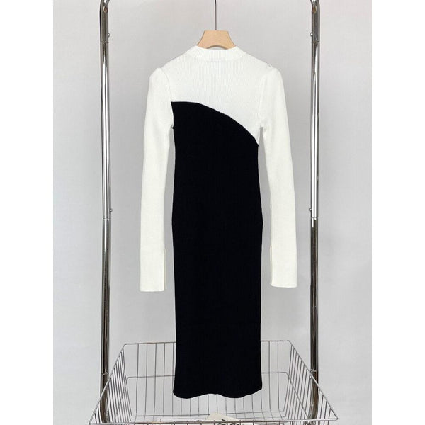 Autumn Winter Women's Knit Long Dress High Quality Fashion Black and White - Frimunt Clothing Co.