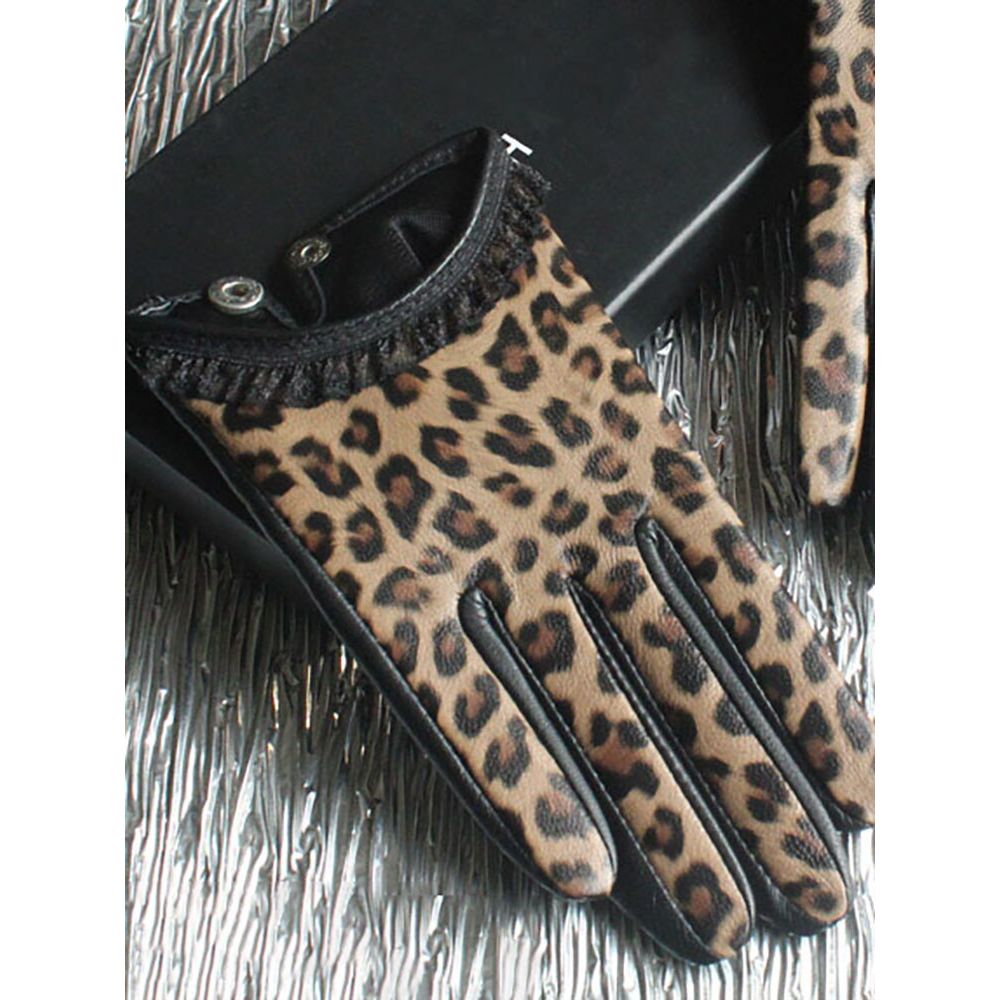Women's Short Leather Gloves Lace Edge Leopard Sheepskin - Frimunt Clothing Co.