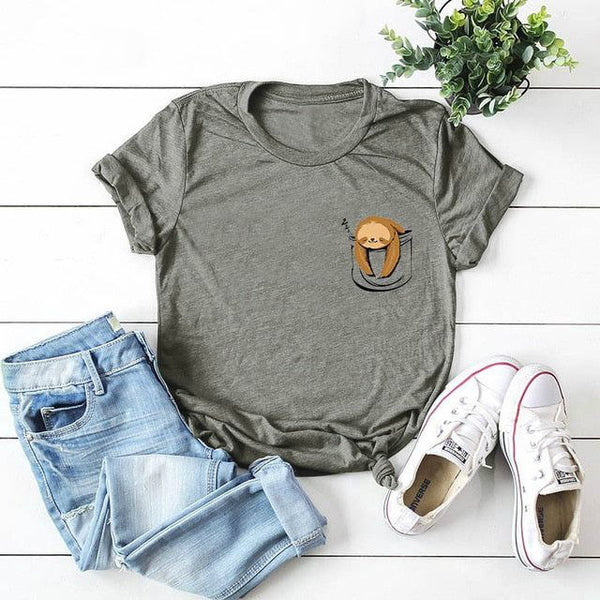 Cotton Women Sloth Pocket Print Summer T-Shirt Plus Sizes - Frimunt Clothing Co.