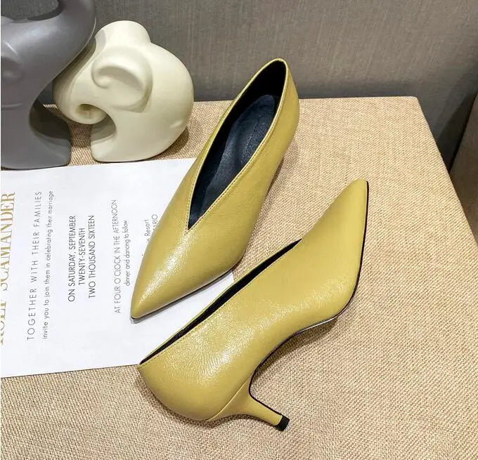 Pointed Toe Leather  V Cut Pump Kitten Heel or Chunky Heel Shoes
