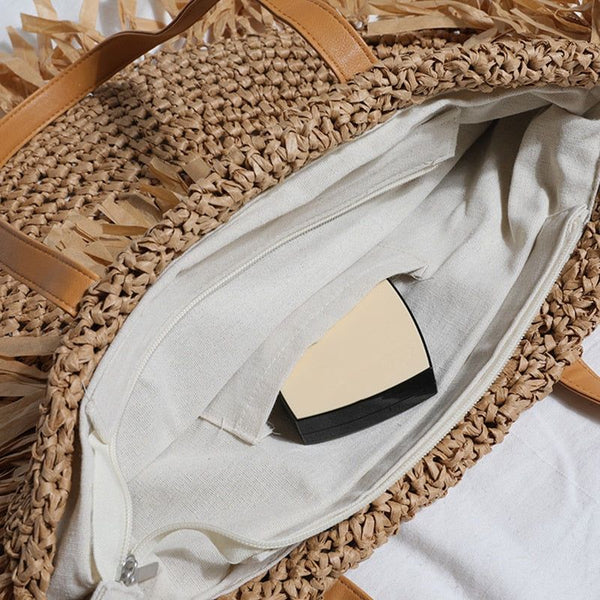 Summer Beach Simple Tassel Straw Shoulder Bag Woven Design Handbag Round Or Square Large Capacity Tote - Frimunt Clothing Co.