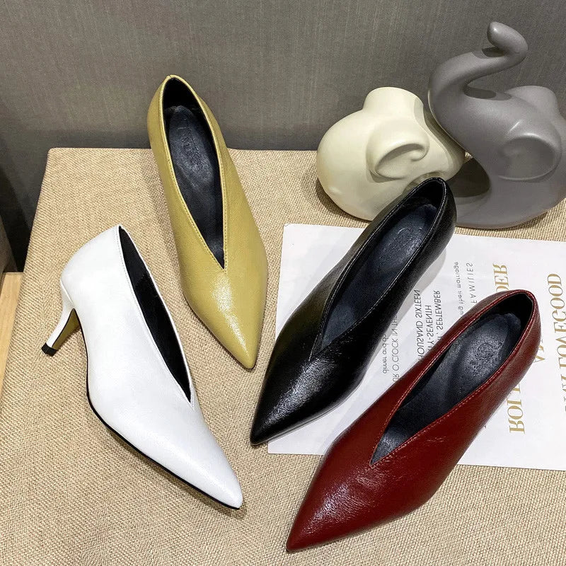 Pointed Toe Leather  V Cut Pump Kitten Heel or Chunky Heel Shoes