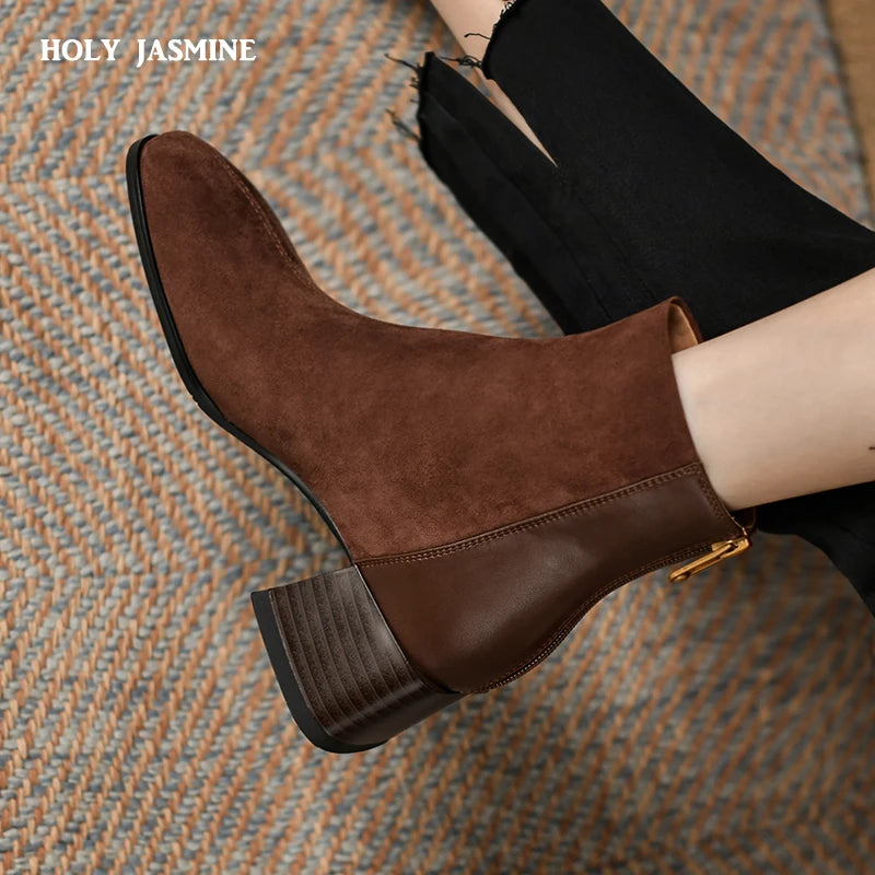 Genuine Sheep Leather Suede Retro High Heels Women's Ankle Boots With Back Zipper