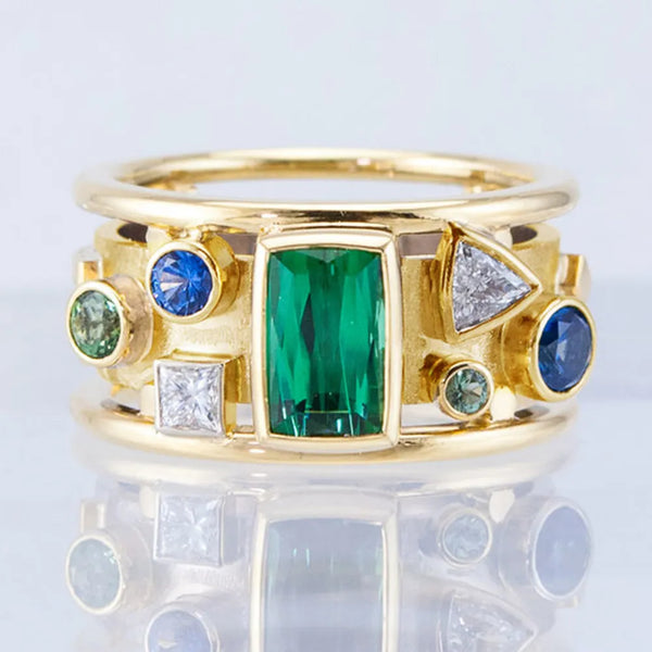 Luxury Gold Color with Geometric Colorful CZ Stone Women Rings - Frimunt Clothing Co.