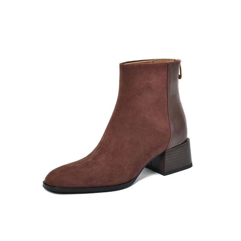 Genuine Sheep Leather Suede Retro High Heels Women's Ankle Boots With Back Zipper