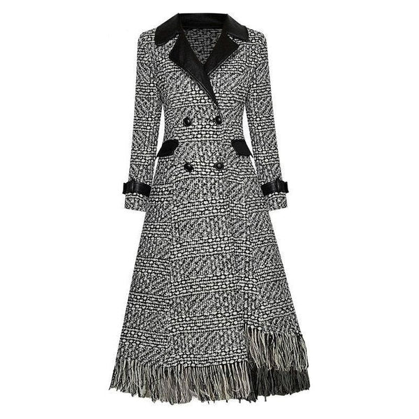 Woolen Plaid Double Breasted Leather Collar Autumn Long Coat