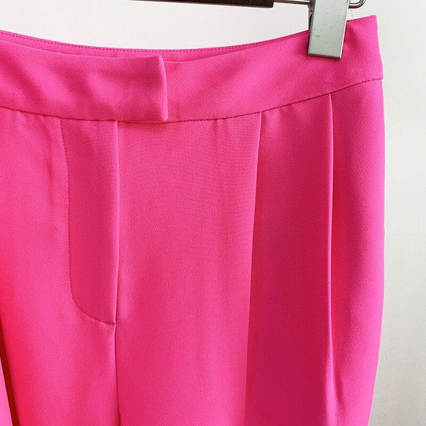 HIGH STREET 2023 S/S Designer Runway Women's Suit Single Button Slim Fit Blazer Flare Pants Hot Pink