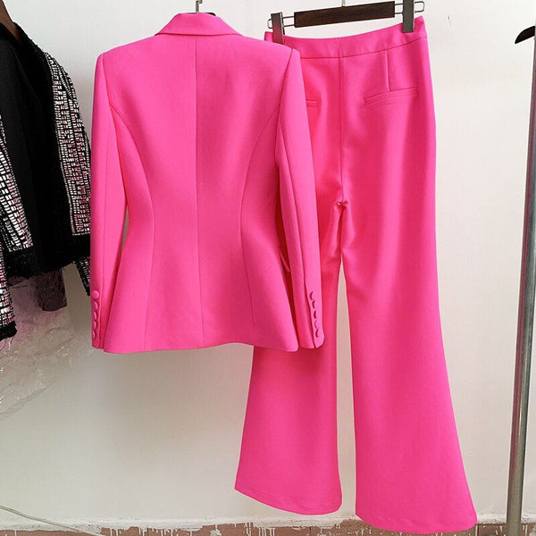 HIGH STREET 2023 S/S Designer Runway Women's Suit Single Button Slim Fit Blazer Flare Pants Hot Pink - Frimunt Clothing Co.