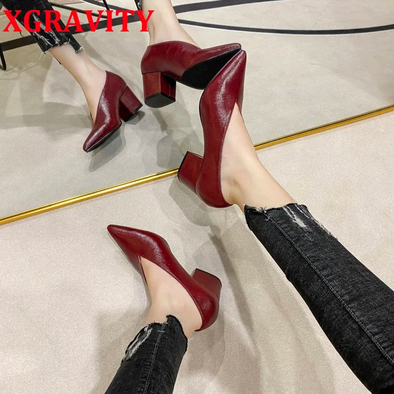 Pointed Toe Leather  V Cut Pump Kitten Heel or Chunky Heel Shoes