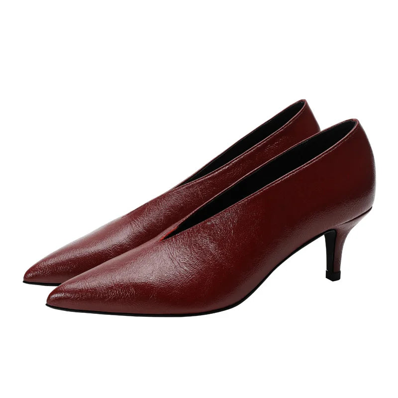 Pointed Toe Leather  V Cut Pump Kitten Heel or Chunky Heel Shoes