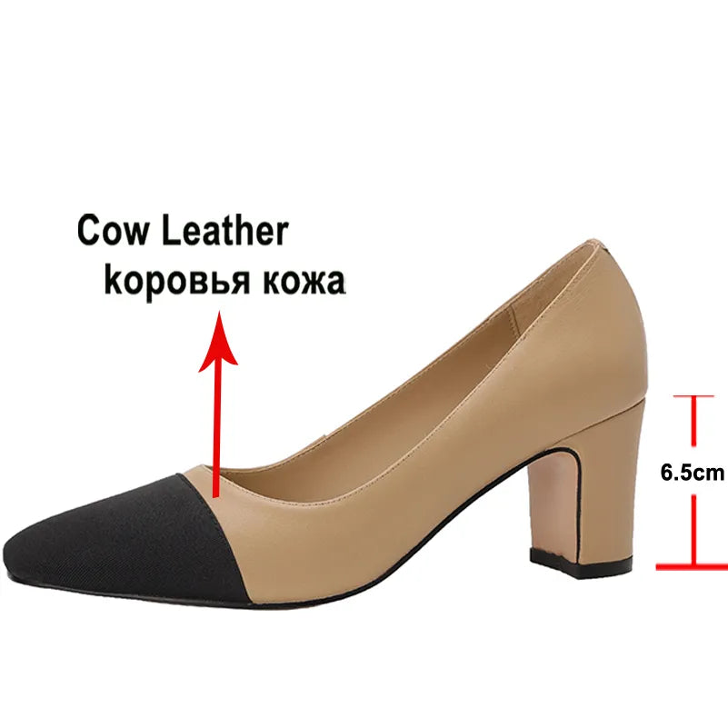 Duo Tone Women Genuine Leather Thick Heels Pumps - Frimunt Clothing Co.