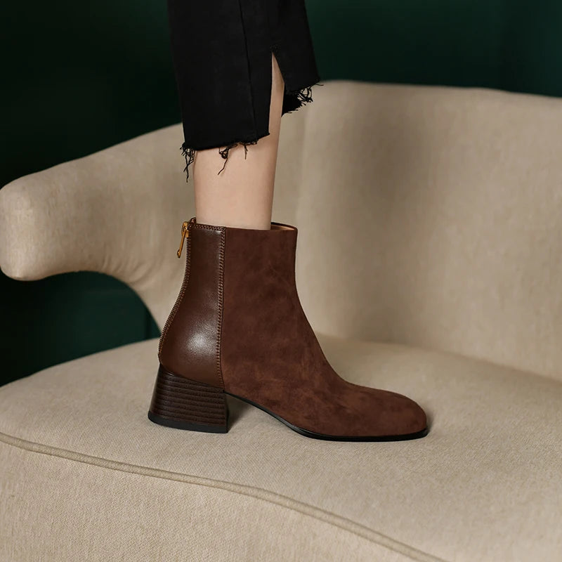 Genuine Sheep Leather Suede Retro High Heels Women's Ankle Boots With Back Zipper