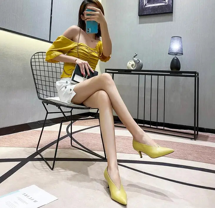 Pointed Toe Leather  V Cut Pump Kitten Heel or Chunky Heel Shoes