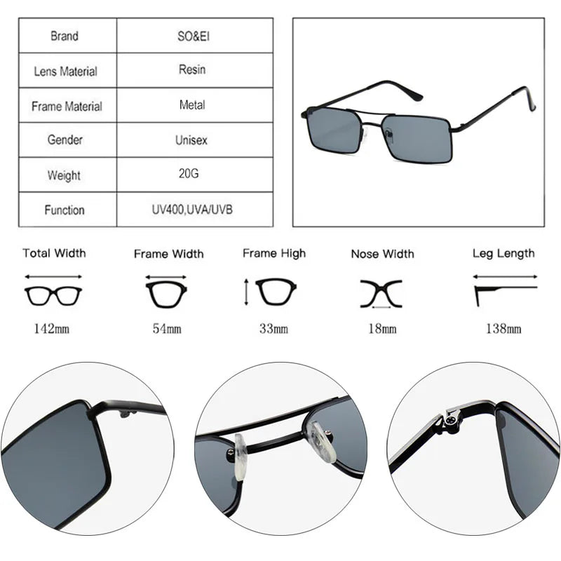 Vintage Rectangle style Double Bridges Women Sunglasses Metal Frame Ocean Clear Lens UV400 - Frimunt Clothing Co.